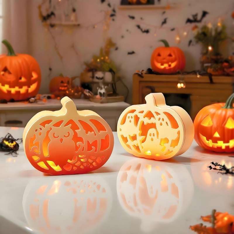 Halloween Pumpkin Lamp Molds Set – 3-Piece Resin and Plaster Molds for DIY Pumpkin Light Tabletop Decorations with Owl, Ghost, Bat, Haunted House Designs for Halloween Craft Projects
