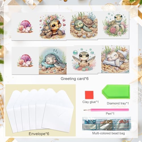 antor 6 pcs Diamond Art Painting Greeting Card Kits, Animal Cute Turtle Design Irregular Shapes Diamond Art Fine Glitter Greeting Cards with Envelopes, Clay Glue, Pen, and Bead Bag for Creative Gifts