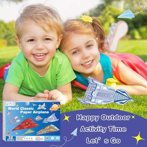 LEERYOUQU Kids Paper Airplane Kit, Creative Paper Airplane Book with 16 Classic Designs & 32 Planes Sheets, Origami Airplanes Kit for Kids Ages 8-12 +(New English Instructions)