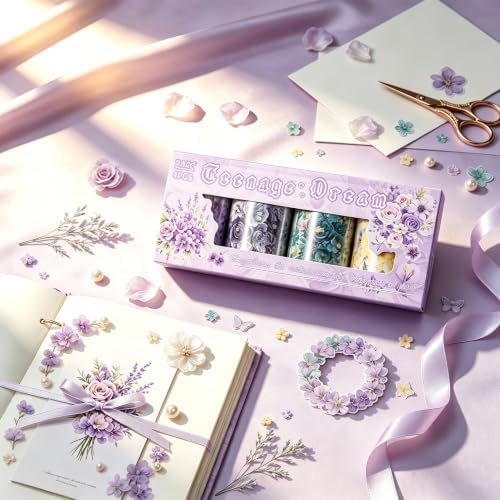 4 Rolls Floral PET Washi Tape Set,PET Tape Stickers for Journaling Kit