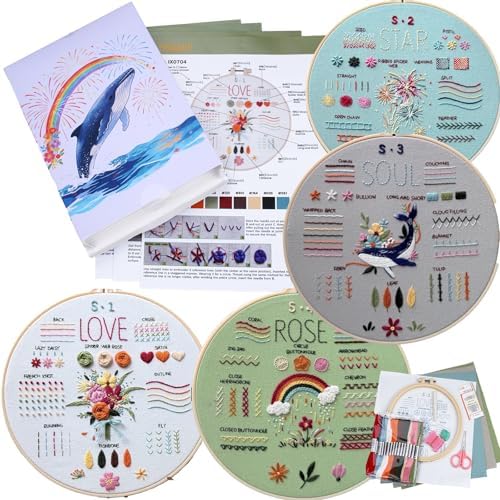 Nalexmi Embroidery Kit for Beginners, DIY Cross Stitching Kit with Stamped Flower Patterns, 4 Pack, Includes Hoop-1, Tools, Threads, Needles, Instructions