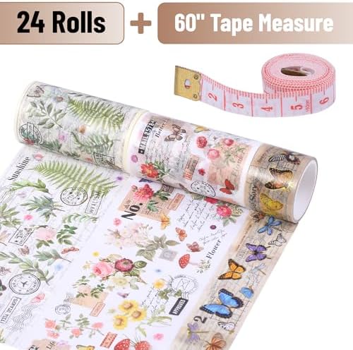 Mr. Pen- Washi Tape Set, 24 Rolls, Assorted Sizes, 3.2 Yards/Roll | Washi Tape for Scrapbook, Arts, Crafts, Journals and Planners, Vintage Botanical & Butterfly