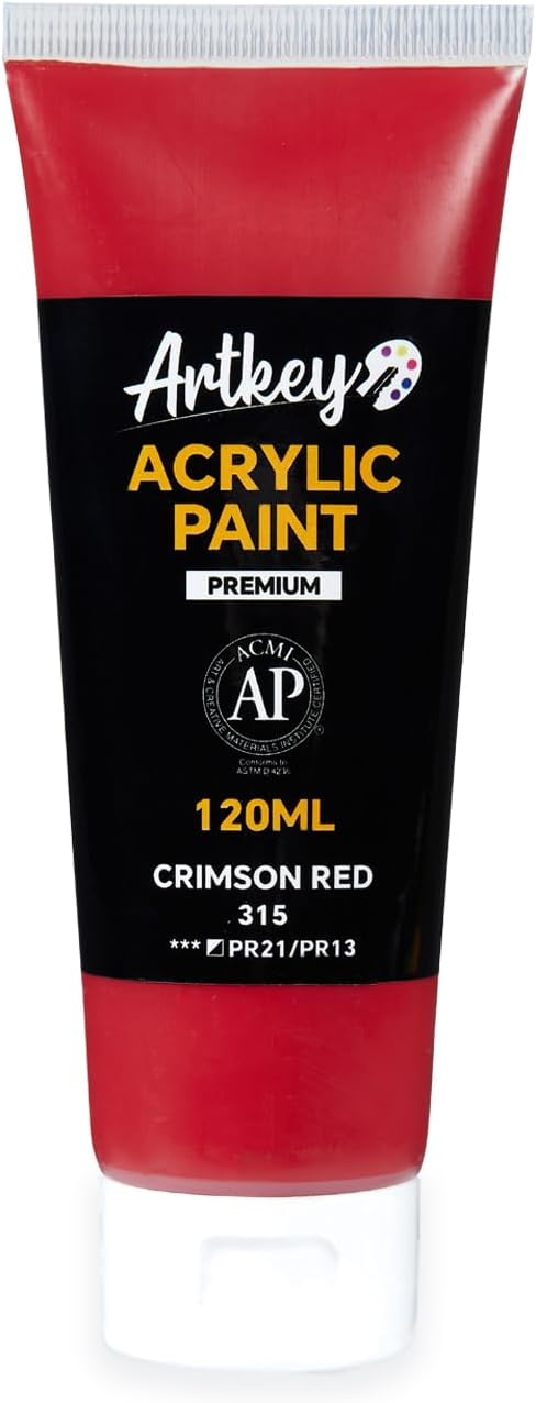 Artkey Acrylic Paint - Crimson Red (120 ml/4.06 oz) Tubes, Rich & Vibrant Pigments, Professional Artists Acrylic Paints - Art Supplies for Canvas Wood Rock Clay Fabric Ceramics Art Crafts Painting