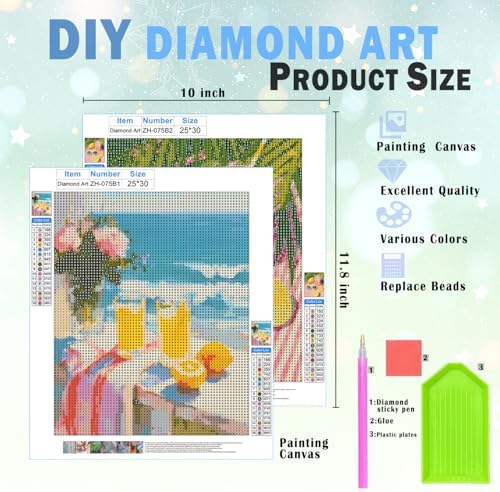 XUNLURY Summer Lemon Cocktail Diamond Art Kits 2 Pcs, Amalfi Coast Lemon Coastal Beach Diamond Painting Kits for Adults Beginners, Full Drill Diamonds Dots for Home Decor, 9.8x11.8 Inch