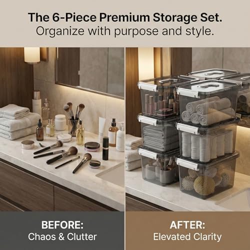 6 Quart Stackable Plastic Storage Bins with Lids, 6 Pack Clear Black Small Organizer Boxes with Latches for Bathroom, Pantry, Office Desk and Small Item Storage