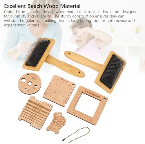 8PCS Wooden Knitting Gauge Wool Brush Set, Felting Blending Tools, Craft Project Kit, Wool Carders with Drop Spindle, Hand Carders Slicker Brush for Weaving Blending Roving