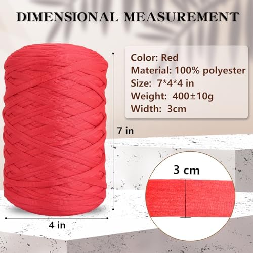 2 PCS 800g T-Shirt Yarn Elastic Fabric Crochet for DIY Knitting, 260 Yards Spaghetti Thick Knitting Yarn for Hand DIY Bag Basket Cushion Crocheting Projects,Home Decor（Red）