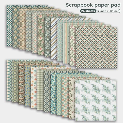 12in Spring Scrapbook Paper Pad,24 Sheets Retro Pattern Aesthetics Double Sided Print Floral DIY Crafts Collage for Cardstock Photo Album Journals Folded Gift Wrapping Material