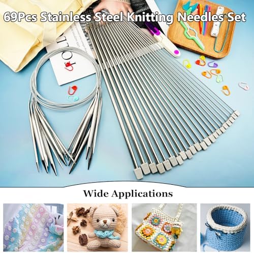 Hobekoee Knitting Needles Set,22Pcs 13.8" Straight Single Pointed Metal Knitting Needles Set and 10Pcs 40" Circular Knitting Needles Kit with Storage Bag for Beginners Knitting Lovers