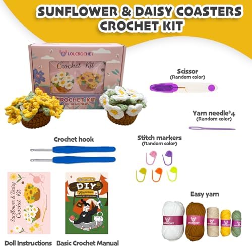 Crochet Kit for Beginners, Learn Crochet Flower Coaster Kit, Include Video Tutorial & Manual, Easy Knitting Yarn for Adult Amigurumi, DIY Holiday Birthday Gift Idea(Sunflower & Daisy)