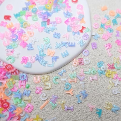 Letter Nail Art Charms Random Candy Color Letter Resin Nail Rhinestones Kawaii Summer Flatback Alphabet Nail Gems with Glitter Design Nail Art Accessories for DIY Craft Nail Supplies 250Pcs
