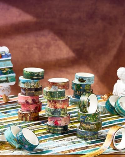 Landscape Washi Tape Set in Oil Painting Style 20 Rolls Scenery Drawing Masking Gold Foil Graphic Decorative Tapes for Arts, DIY Crafts, Journals, Planners, Scrapbook, Wrapping (Classic)