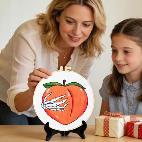Hand Bone Embroidery Kits for Beginners Adults, Peach Embroidery Starters Kits, Halloween Stamped Cross Stitch Kits DIY Needlepoint Kits for Beginners Adult, Embroidery Hoop, Thread and Video Tutorial