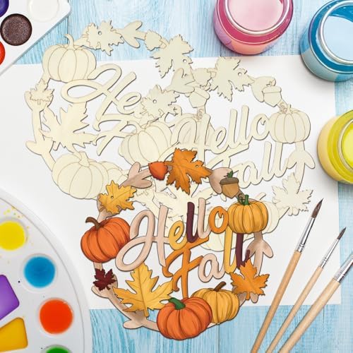 Unfinished Fall Wreaths Wood Crafts to Paint Set of 3, 11" Bulk Autumn Leaves Pumpkin Wreath Ornaments for Painting, Unfinished Wood Cutouts DIY Ornaments for Front Door with Ropes