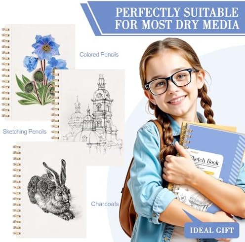 5.5×8.5In Sketch Book for Kids, 100gsm Spiral Sketchbook for Drawing, Blue | 90 Sheets Acid-Free Drawing Paper with Pencils, Tear-Out Pages, for Drawing & Sketching, idea for Back-to-School Gifts