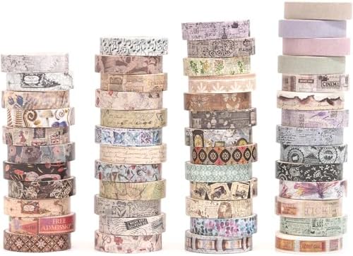 YUBBAEX Vintage Washi Tape Pack 50 Rolls Retro Printed Masking Tape Antique Patterns Decorative for Arts, DIY Crafts, Journal Supplies, Planners, Scrapbook, Card/Gift Wrapping