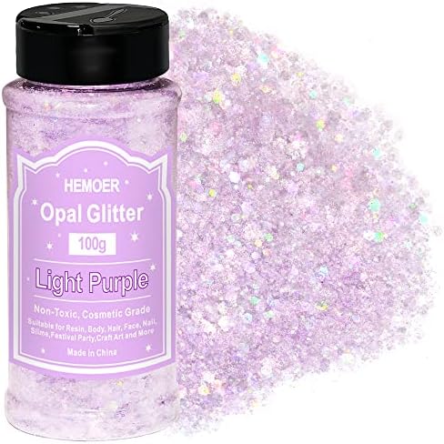 HEMOER Light Purple Opal Glitter 100g/3.5oz, Cosmetic Mixed Hexagon Chunky & Fine Craft Glitter Resin Sequins for Epoxy Glass, Resin Art, Body, Hair, Face, Nail, Tumbler, Festival Party