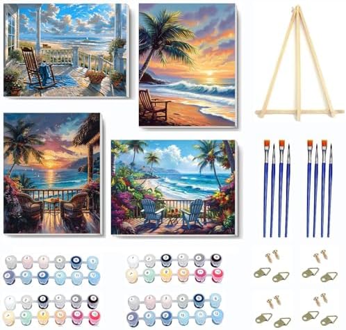 VIGEGU 4 Pack Landscape Paint by Numbers Kit for Adults with Framed,Beach Paint by Number with Wooden Easel DIY Acrylic Oil Painting,for Wall Decor 9x12inch