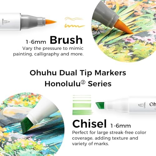 Ohuhu Alcohol Markers 168 Colors Brush& Chisel Honolulu 2 for Cozy Coloring | Brush Markers for Artists Adults Coloring Illustration, Double Tipped Brush Tip Alcohol-based AP Certified Refillable Ink