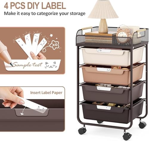 SYKIARIOL 4-Drawer Rolling Storage Cart with Mesh Top,Brown