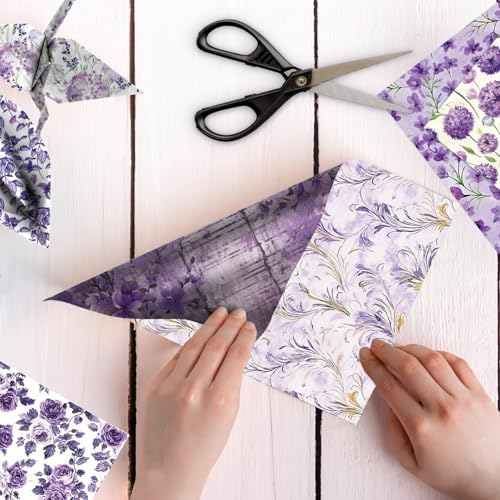 Purple Scrapbook Paper Vintage Flower Pattern Papers Pad 12×12,24 Sheets Double-Sided Spring Bobo Floral Scrapbooking CardStock Paper Pad for Mother's Day Holiday Cardmaking DIY Origami Papers.