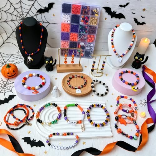 XBYzuzi 2600Pcs Halloween Beads for Bracelets Jewelry Making Kit, Orange Black White Purple alloween Polymer Clay Beads Pumpkin Evil Eye Skull Bead with Ghost Spider Charms for DIY Craft Earring