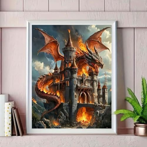 OJTOYART Dragon Castle 5D Diamond Painting Kits for Adults DIY Full RoundDiamond Art Craft Kit Beginners, Medieval Castle with Fire DragonWall Decor 12 X 16 Inch