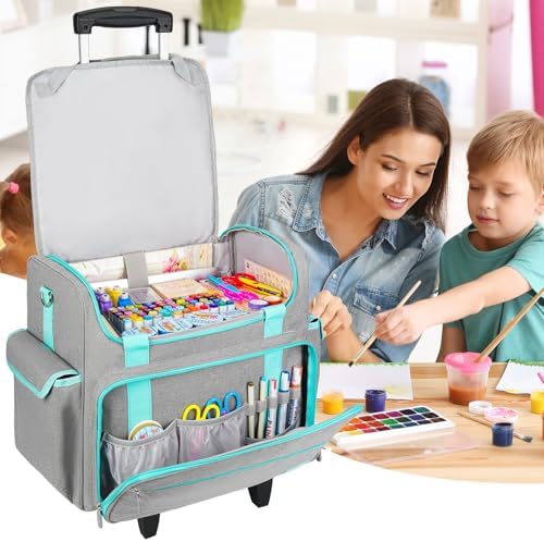 Rolling Craft Bag, Craft Bag with Wheels for Scrapbook Supplies, Large Scrapbook Tote with 15.6'' Laptop Sleeve, Rolling Art Supply Storage for Scrapbooking Tools, Gray