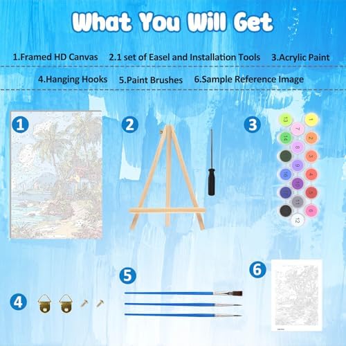 MAXBYE Paint by Numbers Kit for Adults with Frame and Wooden Easel, Easy Beach Landscape Painting Numbers Art Kits on Canvas, DIY Acrylic Painting Kit for Gift Home Wall Garden Decor 10×14 in