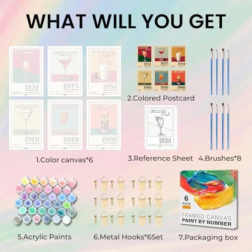 Amaieuin 6 Pack Paint by Numbers Kit for Adults Beginner,Cocktail Paint by Number Adult,Easy Adult Paint by Numbers for Home Decor Gift 12x8in