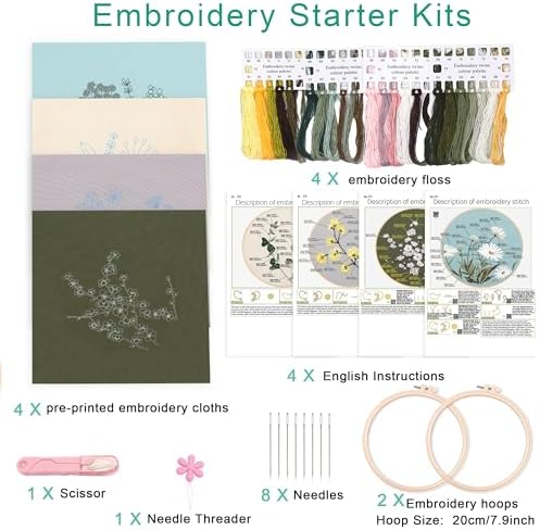 Harimau Adult Beginner Embroidery Starter Kit, Complete Set with 4 Patterns, 2 Hoops, Needles, Scissors, Instruction Guide & Stitching Video Tutorials