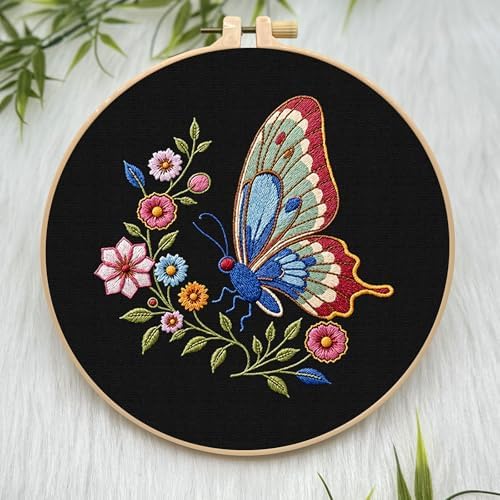 ERKOON Embroidery Kit for Beginners Adult, Cross Stitch Set Include Embroidery Cloth Hoop Threads for Craft Lover Hand Stitch with Embroidery Skill Techniques (Butterfly)