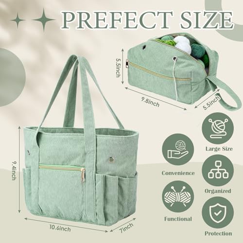 Bulyoou 2 Pcs Crochet Tote and Yarn Bag Set Corduroy Yarn Holder,Green