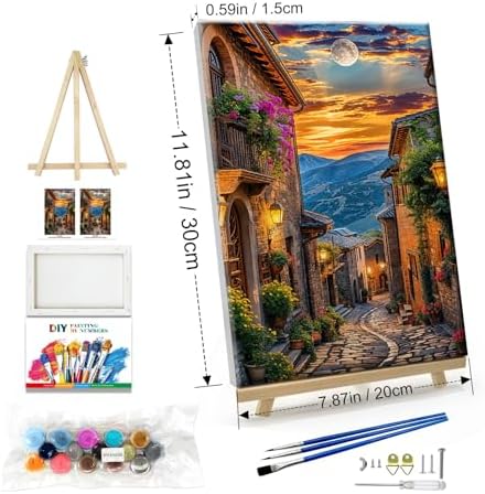 JOOZ Paint by Numbers Kit for Adults Landscape Paint by Number with Frame Town Street Paint by Number with Easel Moon Oil Painting Kits for Gift Home Wall Decor 7.87x11.81 Inch