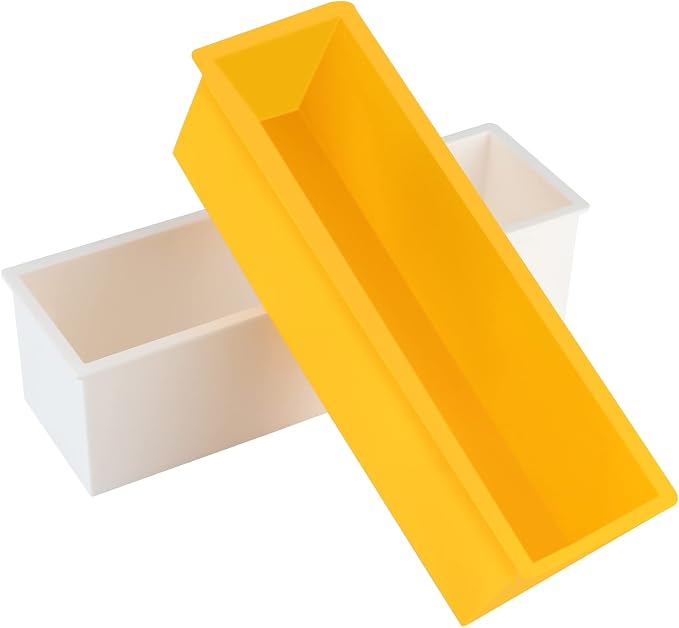 2 Pcs Loaf Soap Mold with Plastic Box, Flexible Silicone Rectangular Mold 42oz, Swirl Making Tool for DIY Soap, Handmade Candles, Resin Casting, Homemade Desserts (Yellow)