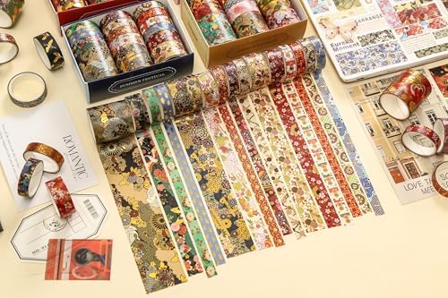 15 Rolls Japanese Sakura Washi Tape Set, Traditional Kimono Decorative Masking Tapes with Gold Foil, Cherry Blossom Arts for Craft, Scrapbook, DIY, Gift Wrapping (3-Autumn Bloom Banquet)