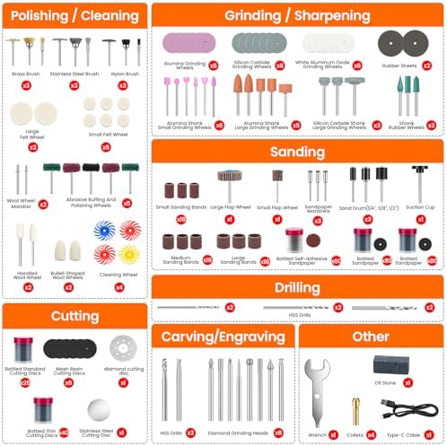 448PCS Rotary Tool Accessories Kit, 1/8" Universal Rotary Tool Bits, Includes 4V Cordless Rotary Tool (5 Speeds, 2000mAh) – Ideal for Sanding, Polishing, Engraving, Grinding