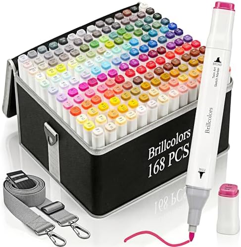 Brillcolors 168 Colors Alcohol Markers Set with Base Dual Tip Drawing Markers for Comics Coloring Sketching Illustration (168 White) -Refillable