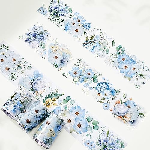 WT Serene Wide PET Tape, Single Roll, Original Designs, Watercolor Blue Flower Decorative Tape, Transparent Clear Adhesive Tape, Journal Scrapbook Bujo Planner DIY Craft Supplies