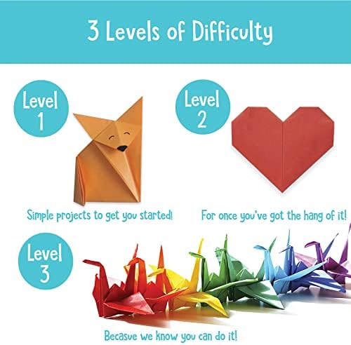 Open The Joy Origami Kit for Kids - 150 Double Sided Multi Colored Origami Paper Set - Easy to Hard Level Origami Projects - 32 Page Origami Book for Kids, Table Top Game Box and Beginners.