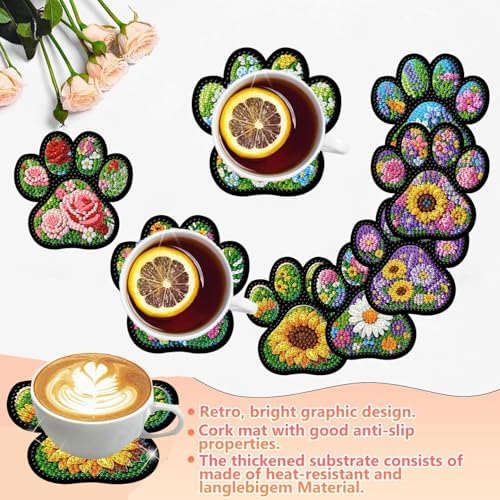 ijbnhd 8 Pcs Diamond Art Coasters Kits Dog Paw 4x4 inch (Cork Wooden Pad)