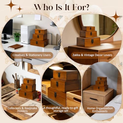 Vintage Wooden Storage Boxes Set of 3 I Zakka Style Organizer with Hinged Lids & Locks I 3 Sizes for Jewelry, Keepsakes, Letters & Desk I Stackable Rustic Wood Display Treasure Boxes for Home Decor
