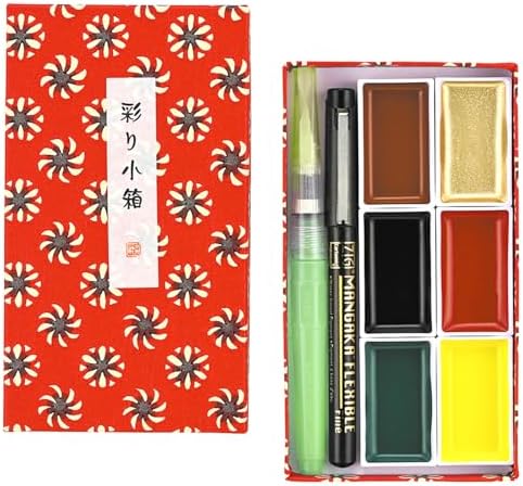 Kuretake Irodori Kobako Red Watercolor Paint Set, 6 Colors, Made in Japan