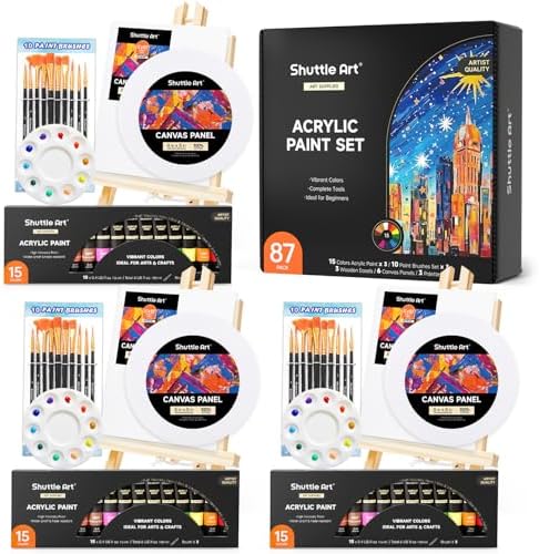 Shuttle Art 87 Pack Acrylic Painting Kit, Paint Kit with 3 Packs 15-Color Acrylic Paint, 3 Wooden Easels, Canvas, Brushes & Palettes, Art Painting Supplies for Adults, Kids & Beginners