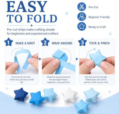 540Pcs Origami Star Paper Strips, Double-Sided Colored Paper for DIY Lucky Stars, Pre-Cut Wishing Star Craft Kit (Blue, 1)