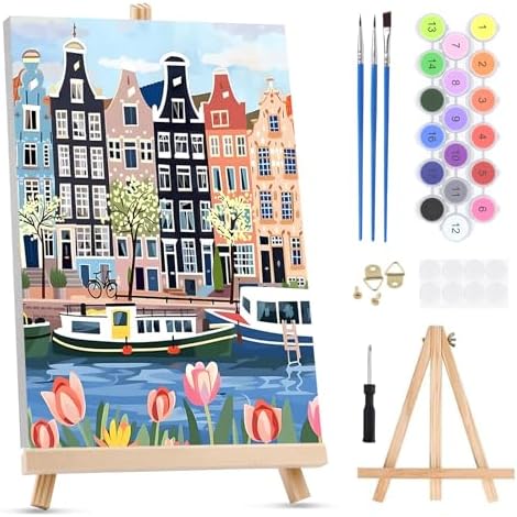 KEYIFA Paint by Numbers for Adults on Framed Canvas - with Wooden Easel, Amsterdam Painting by Number Kit for Beginners, DIY Netherlands Acrylic Paint-by-Number Kits for Home Wall Decor (8x12 inch)