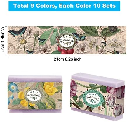 PH PandaHall 90pcs Vintage Flower Wrapper Tape, 9 Styles Handmade Crafts Band Label Paper Tape Wrap Label Tape Vertical Tag Sleeves Covers for Handmade Soap Lotion Bar Bath Gift Wrapping 8.2x1.9 inch
