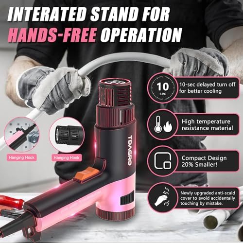 1800W Craft Heat Gun (122℉-1202℉) with 4 Nozzles (Pink) | 1.5s fast heating tool with 2 airflow settings & overload protection for precise resin DIY, PVC shrink tubing & vinyl wrap.