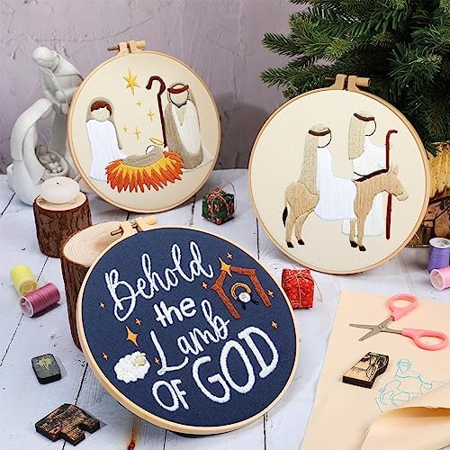 Tigeen 5 Sets Christian Nativity Scene Embroidery Kits for Starter Beginners Adult Jesus Cross Stitch Embroidery Kit Christian DIY Crafts Ornament with Instruction Hoop Needle Thread Needle Threader