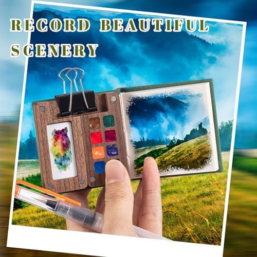 Qilery Mini Portable Watercolor Palette Set Wooden Grid Paint Box Watercolor Paper Sketch Book Brush Pens with Binder Clip for Painters Artist Not Include Paint(Pine Green)